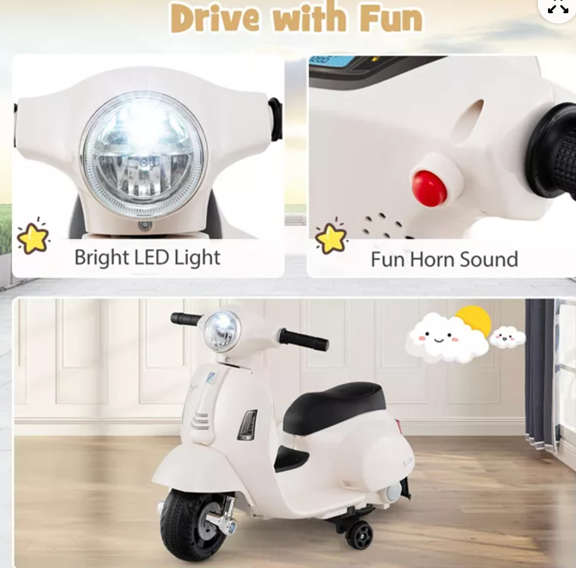 Licensed Vespa 6V Rechargeable Battery Ride-On Motorcycle with Training Wheels, Ages 18-36 Months