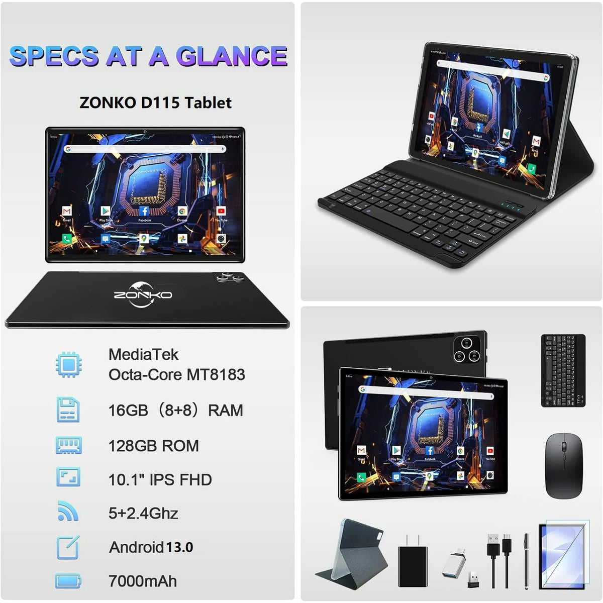 ZONKO Tablet Android 13 Tablet 10 Inch Android Tablet with Keyboard,5G WiFi Tablet,128GB ROM+16GB RAM (8+8Virtual) +1TB TF Expand,Octa-Core Processor,13MP+8MP Camera,Bluetooth,GPS,FHD Display,2 In 1 Tablet