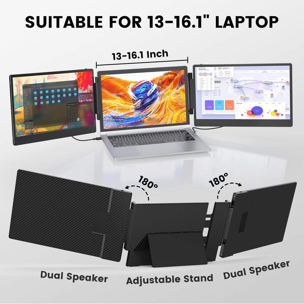 Tlscon TZP-S3 Portable Monitor, 14.1-Inch IPS Triple Screen Extender, Full HD 1920x1080, Foldable Adjustable Stand, Black