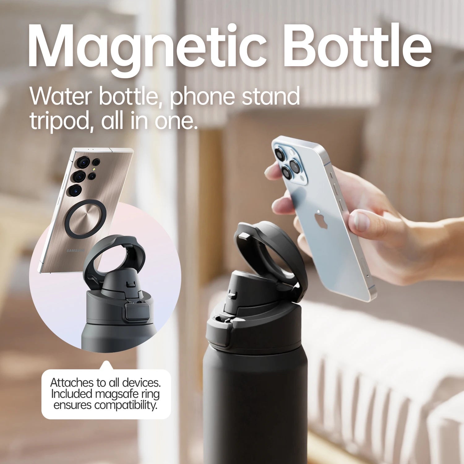 Water Bottle with Magnetic Phone Holder Stainless