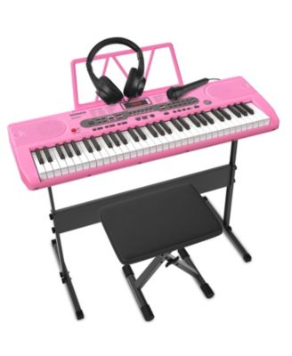 61-Key Pink Electric Keyboard Piano for Beginners with Stand, Bench, Microphone, Headphones, Dual Speakers & Teaching Modes