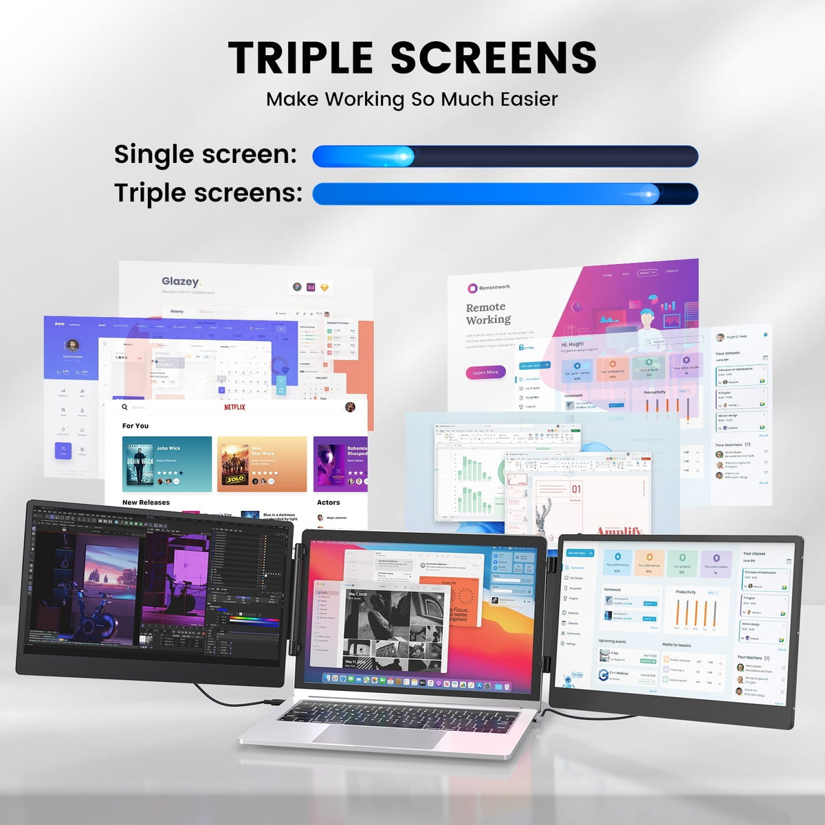 Tlscon TZP-S3 Portable Monitor, 14.1-Inch IPS Triple Screen Extender, Full HD 1920x1080, Foldable Adjustable Stand, Black