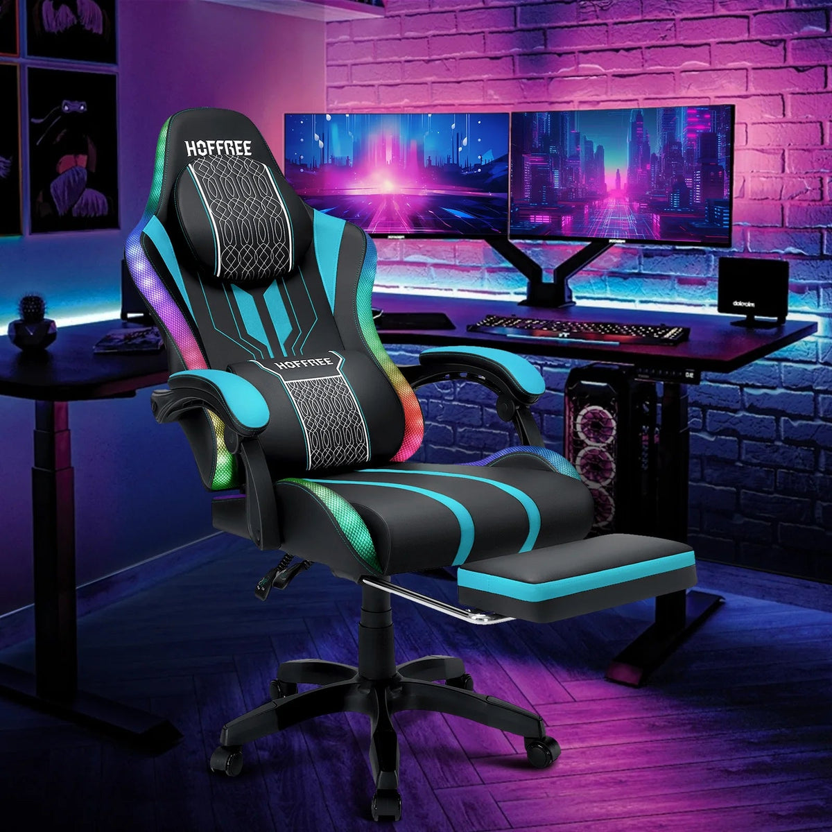 Hoffree 2038711 Big and Tall Gaming Chair with Speakers Blue