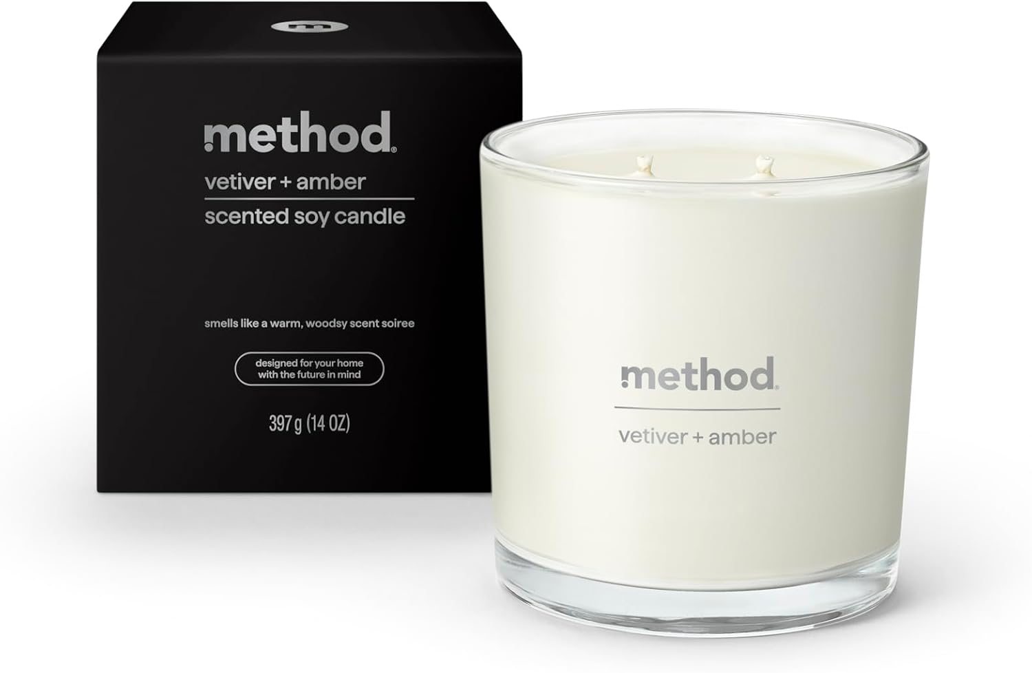 Method Premium Soy Candle, Vetiver + Amber, 2 Wick, Recyclable Jar, Up to 50 Hours Burn Time, 14 oz
