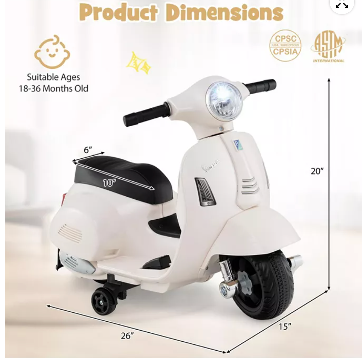 Licensed Vespa 6V Rechargeable Battery Ride-On Motorcycle with Training Wheels, Ages 18-36 Months